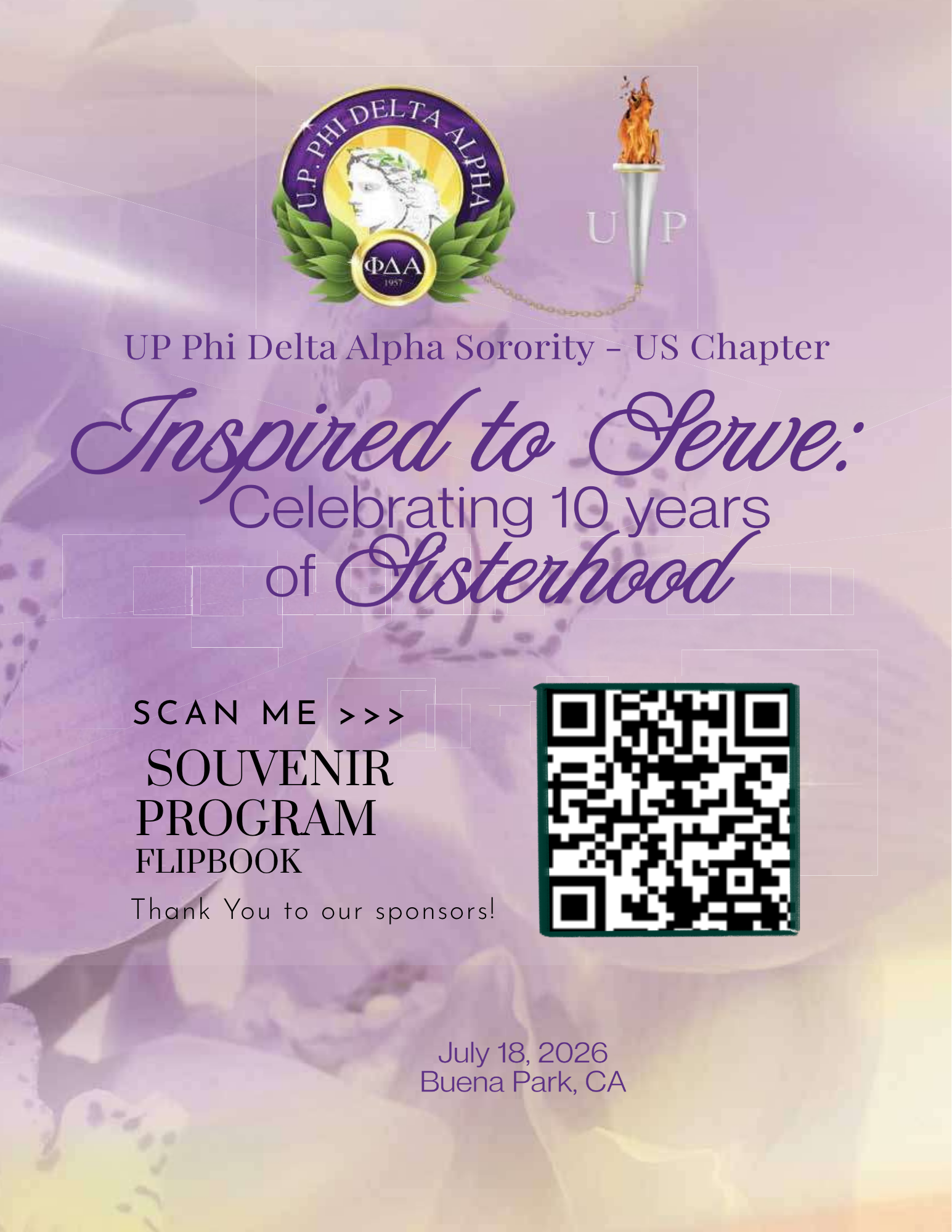 Souvenir program share card: Inspired to Serve, Celebrating 10 years of Sisterhood, with a QR code to the flipbook. July 18, 2026, Buena Park, CA.